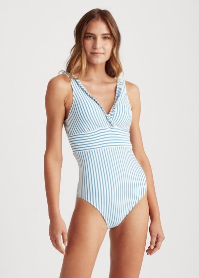 Women's Ralph Lauren Ruffle-Trim Striped One-Piece | 654923WHY